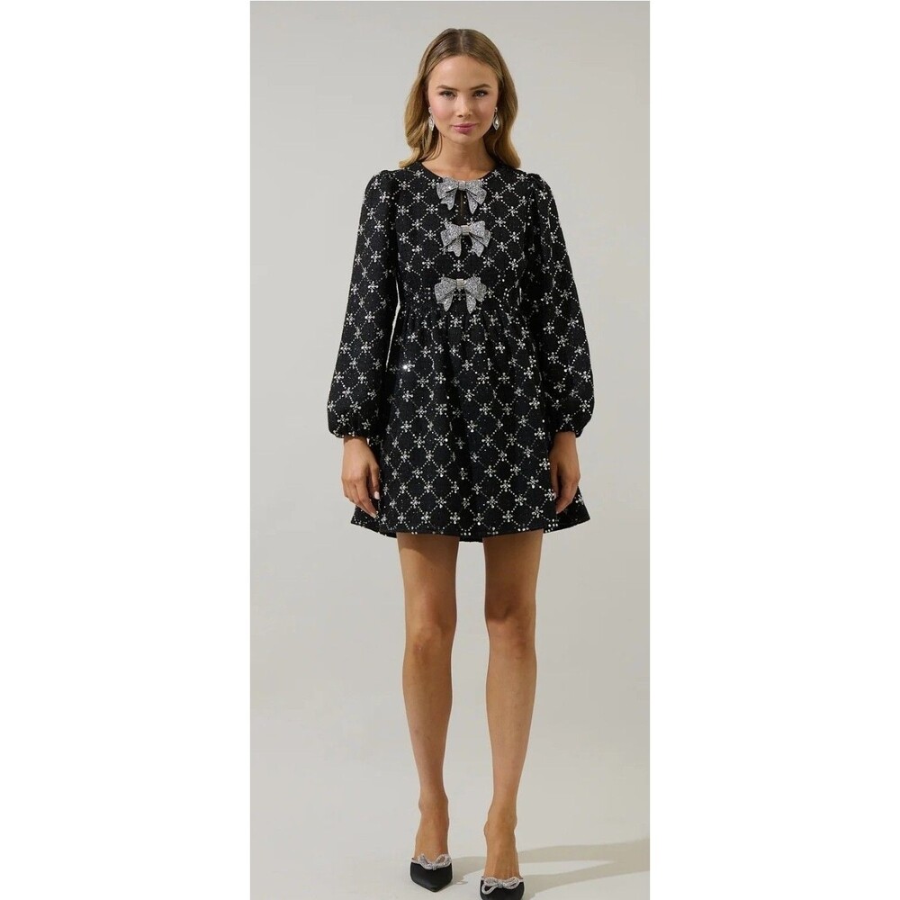 SugarLips Tweed Glow Bow Dress Medium Lined  Black
